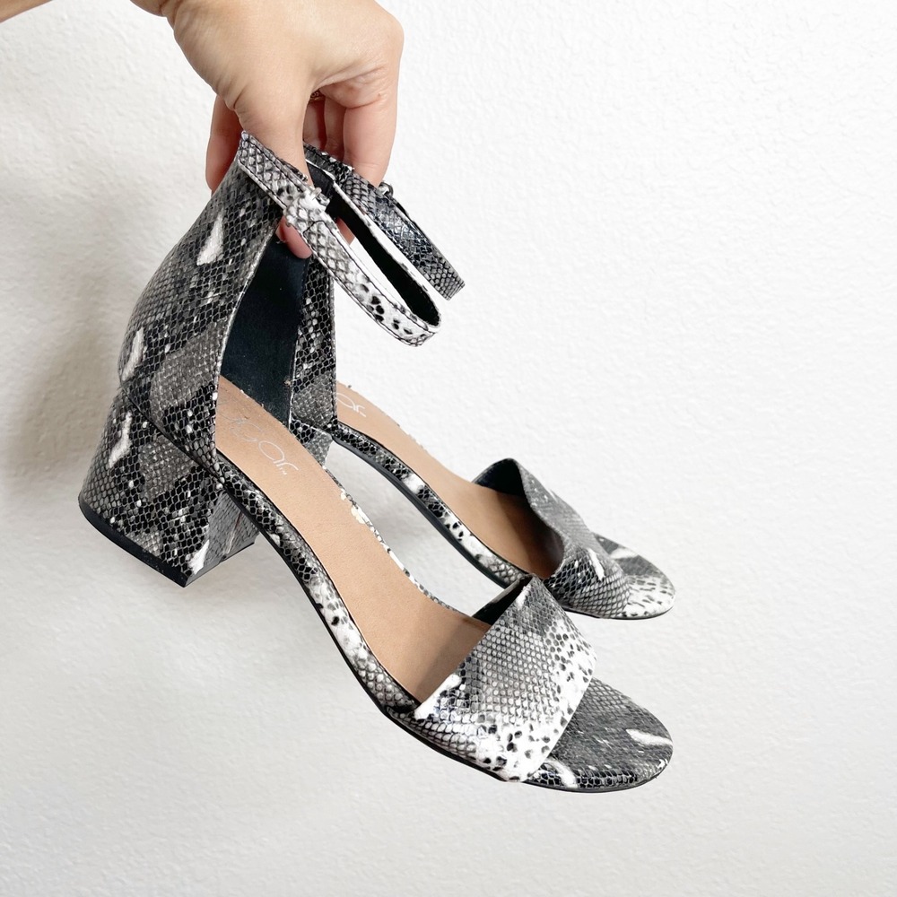 Sugar Mattie Snakeskin Print Block Heel Ankle Strap Sandals Grey Black 7.5M
